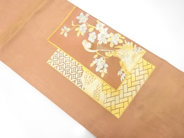 金通し　箔置き　椿に鳥模様　刺繍　名古屋帯